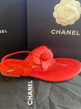 CHANEL Orange Camellia Leather Thong Sandals